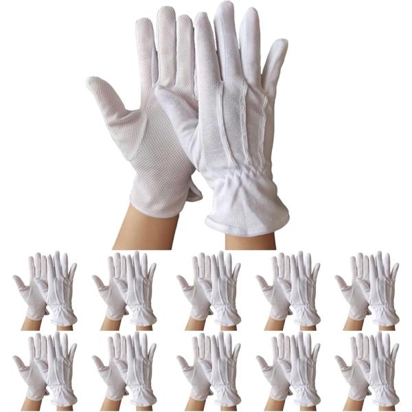 純綿素材フォーマル用白手袋10組（10双）セットです。三本飾りの上品な白手袋は冠婚葬祭の礼装や接客サービスなど業務用の手袋としてご愛用いただいております。手の平側には全面滑り止め加工を施しています。材質は通気性に優れた純綿100%素材です。...
