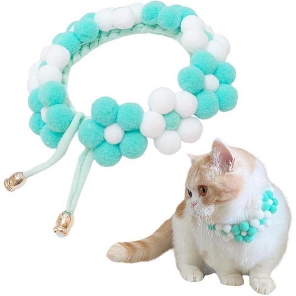 猫 首輪 シュシュ 花柄 可愛い リボン ふわふわ 犬 ポンポン ソフト おしゃれ ペット (グリーン,  L)