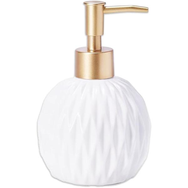 「セラミック製ディスペンサー」陶器製のハンドソープボトルです。シンプルなデザインながら表面のカッティングが高級感を演出。ゴールドとホワイトのカラーリングがオシャレ。サニタリースペースを北欧風に彩るお洒落なアイテムです。「ほどよくコンパクトな...