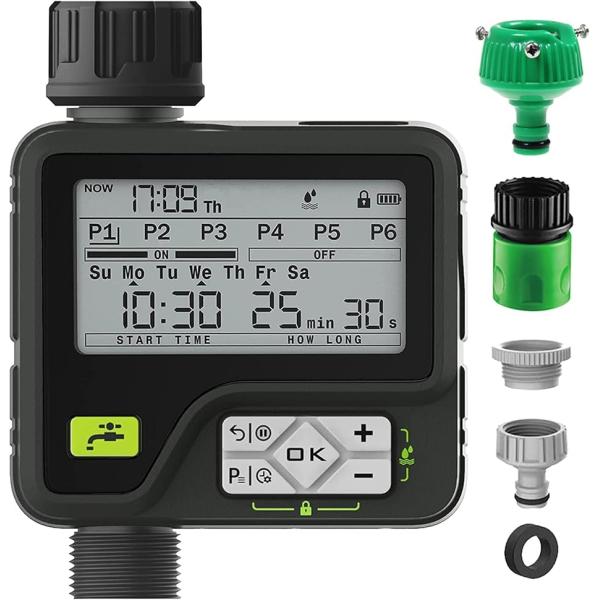「6つの個別灌漑モード」：スプリンクラータイマーは、あなたの異なる需要を満たすために6つの別々の散水プログラムを提供し、カスタマイズされた灌漑頻度と期間を使用して各散水スケジュールを設定します。週サイクルモード（月曜日から日曜日まで）と日サ...