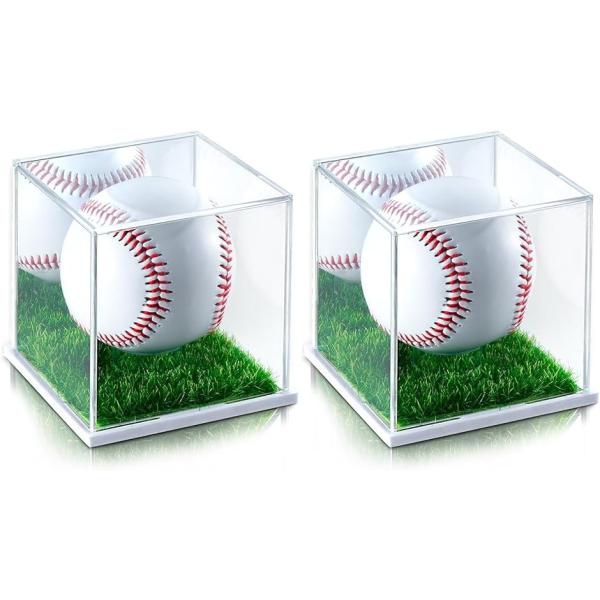 サインボールケース 人工芝 ミラー付き ゴルフ 野球 ホームランボールケース 野球ボールケース アクリル MDM(ホワイト,  2個セット)
