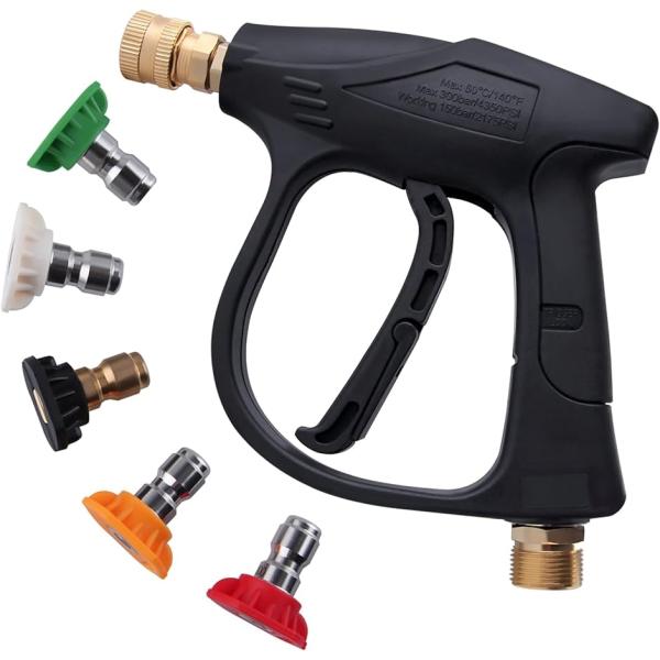 「セット内容」高圧水鉄砲と5種類の角度のノズルがあり、真鍮製フォームノズル（黒）1本、ステンレス製ノズルチップ（赤）1本（0度）、ステンレス製ノズルチップ（黄）1本（15度）、ステンレス製ノズルチップ（緑）1本（25度）、ステンレス製ノズル...