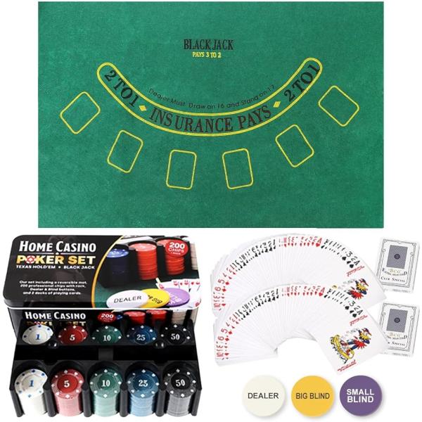 こちらの商品はポーカーフルセットです。チップ＝200枚（各5色：40枚）トランプ＝2パック プレイマット＝1枚（ポーカー、ブラックジャック使用可能） DEALERボタン＝1枚 BIG BLIND=1枚 SMALL BLIND=1枚　一式揃っ...