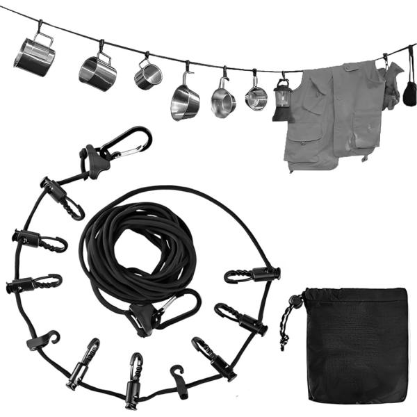 「アウトドアに最適.」様々なキャンプグッズをハンギングできるクリップが10連になっており、アウトドアを快適に過ごせる便利アイテムです。ランタンや調理グッズ・食器・洗濯物など様々な物を吊るすことが可能。「高耐久素材のロープ」強度が高く耐久性に...