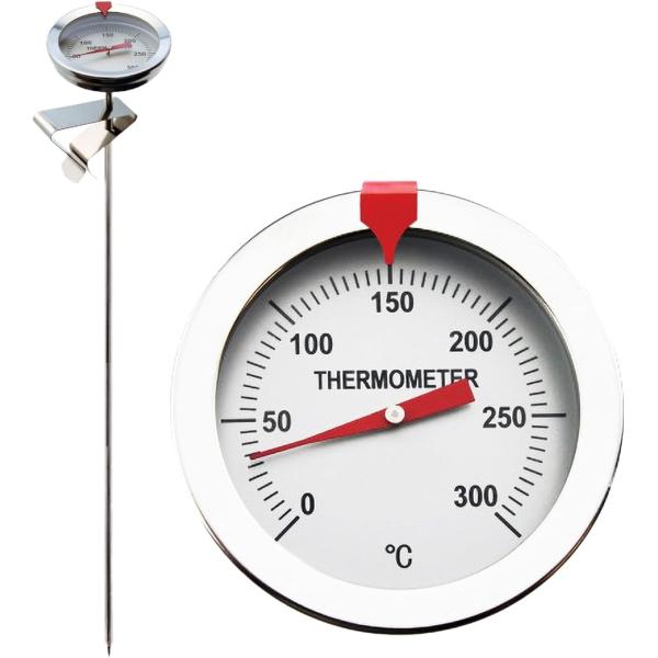 シンプルなアナログ表示： アナログ表示のため電池は不要、いつでもすぐに使用可能です。0℃から300℃の極めて広い温度範囲をカバーするため、揚げ物から低温調理まで、あらゆる料理の正確な温度管理が可能です。深めの鍋でもOK： 30cmの長さで深...