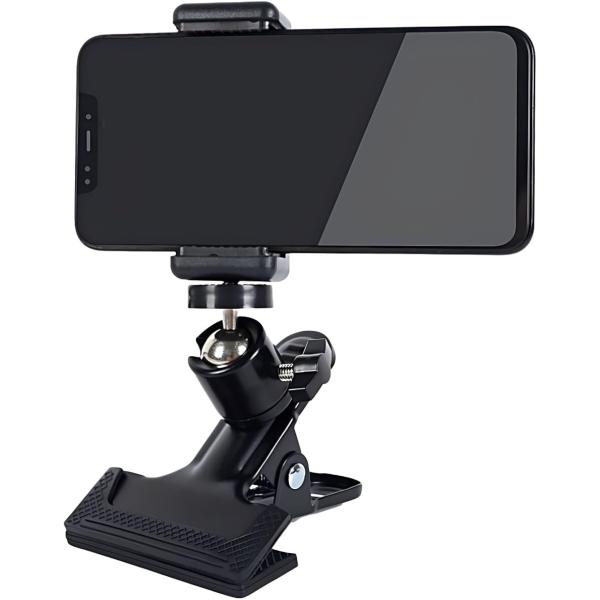 「強力クリップで簡単取り付け」 厚さ約5cmまでの平面に対応する強力クリップが付属。滑り止めラバー付きで、しっかり固定しながら傷も防止。狭い場所にも簡単に設置でき、移動中の撮影にも最適です。「360°回転可能で自在な角度調整」 ホルダー部分...