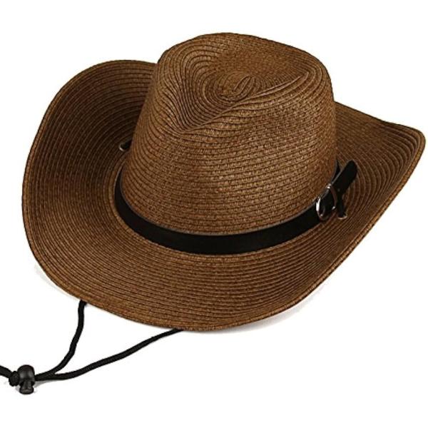 メンズ 帽子 カウボーイハット ストローハット つば広 中折れハット 紐付き 折りたためる 麦わら帽子( コーヒー)