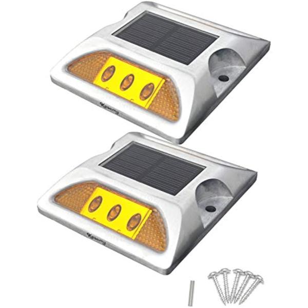 6 LED 道路 鋲 路肩 標 誘導 灯 ソーラー 充電 式 セット 黄 点滅 2個 +(32. 6LED 黄 2個 ビス セット)