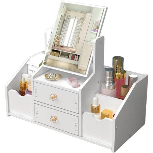 バリエーションコード : 2BJ0598VST「ミニサイズの可愛いドレッサー」化粧道具や小物入れに使える可愛いミニドレッサーです。シンプルなホワイトカラーで、猫耳や四角デザインのミラーで化粧をお楽しみいただけます。「コンパクトで置く場所を自...