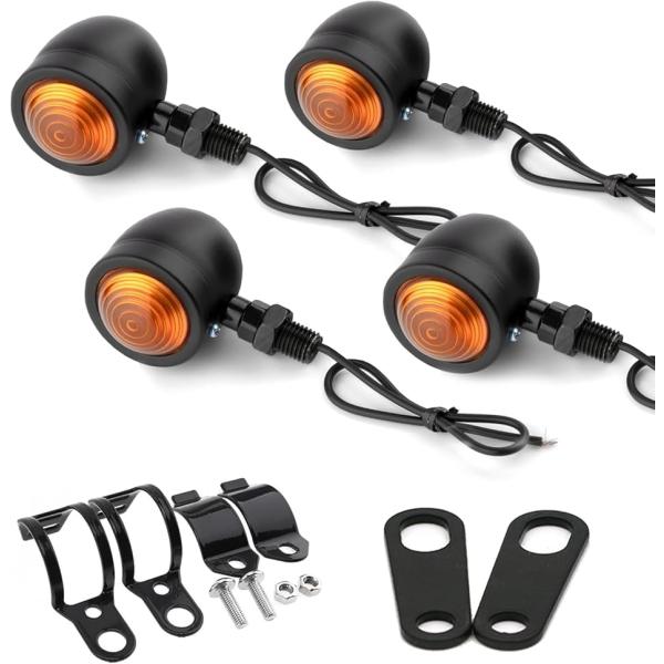 バリエーションコード : 2B4QLX1F2Vバイク用ウインカー、フロント、リアステーセットは、アメリカンバイク愛好者におススメの砲弾型のウインカーとパーツセット。12Vの汎用タイプ。選べるブラックxオレンジ、シルバーxオレンジの2種類、4...