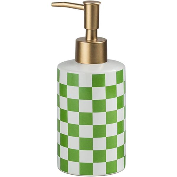 バリエーションコード : 2BJGRKHT9Hモダンなチェック柄のソープディスペンサーです。ゴールドのポンプがエレガントなアクセントを加え、洗面所、キッチン、バスルームに洗練された雰囲気を演出します。ピンク、レッド、ブラック、グリーンの４色...