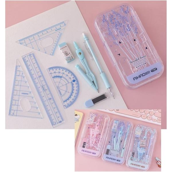 コンパス 小学生 女の子 定規セット 中学生 分度器 算数セット 学習用コンパス 文房具セット(ピンク)