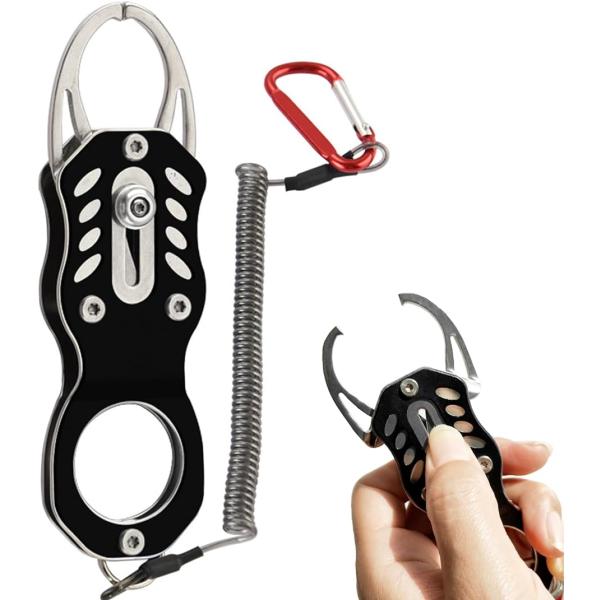 小型フィッシュグリップ 魚掴み器 ミニ フィッシュキャッチャー 11.8cm 超軽量 ステンレス＋アルミ合金 防錆 魚釣り( ブラック)