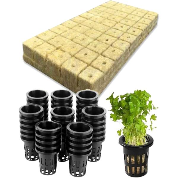 水耕栽培用ロックウールブロックと育苗ポット50個セットです。ロックウールに種子を入れ、ポットにセットすることで、程よく種に水分が行き渡り、発芽を促進し、植物の成長速度をコントロールすることが可能です。種子をセット後は、上部を切ったペットボト...
