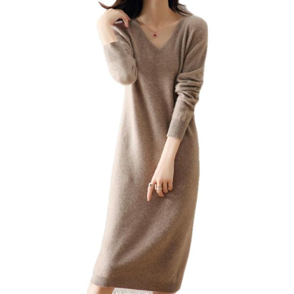 ニットワンピース レディース ロング丈 Vネック タイト リブ 長袖 JP Free Size( ブラウン,  Free Size)