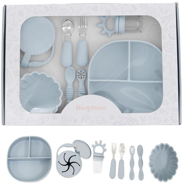 離乳食 食器セット 8点セット お食事セット 吸盤 ひっくり返らない 女の子 男の子 赤ちゃん 子供 シリコン (Mint Blue)