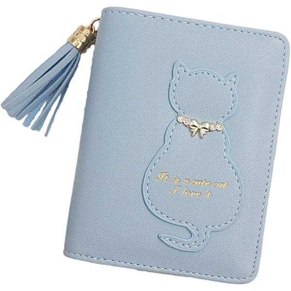 二つ折り 財布 レディース かわいい ネコ プレゼント カード 小銭 入れ ウォレット タッセル 付き ミニ ねこシルエット (ブルー)