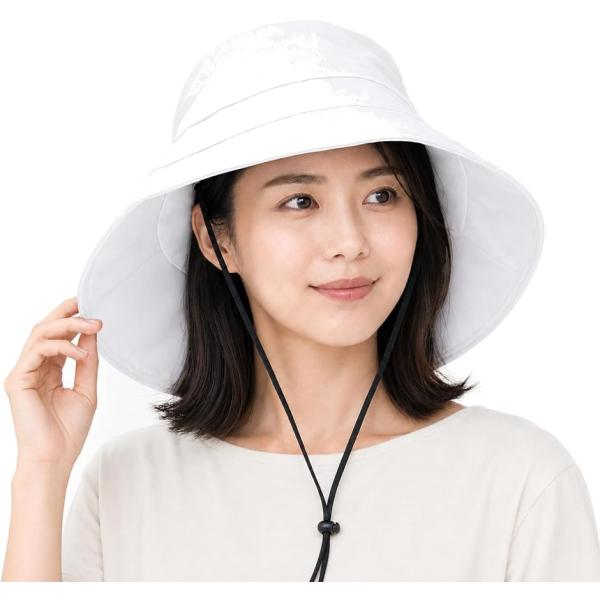 ねこのこかげ 日よけ帽子 UVカット100% 接触冷感 撥水 日焼け防止 つば広 ワイヤー入り (ホワイト,  Free Size)