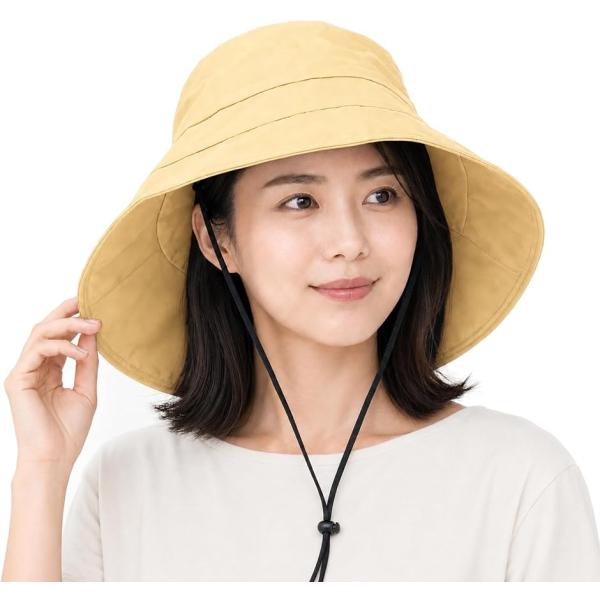 ねこのこかげ 日よけ帽子 UVカット100% 接触冷感 撥水 日焼け防止 つば広 ワイヤー入り (バターイエロー,  Free Size)
