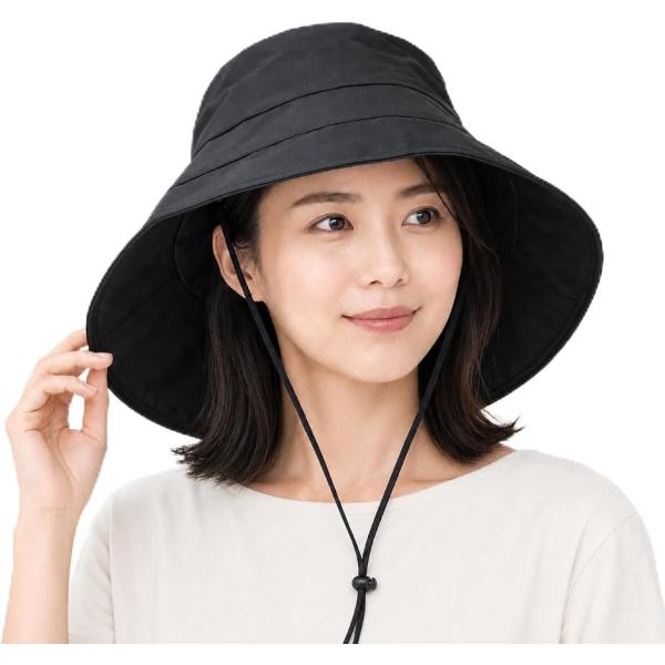 ねこのこかげ 日よけ帽子 UVカット100% 接触冷感 撥水 日焼け防止 つば広 ワイヤー入り (ブラック,  Free Size)