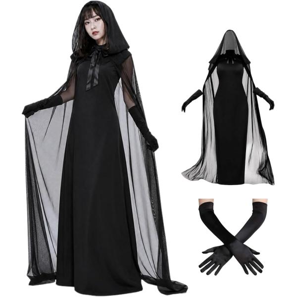 魔女 コスプレ マント ロンググローブ 付き セット シースルー 仮装 ハロウィン レディース 占い師 衣装 大人 (XLサイズ)