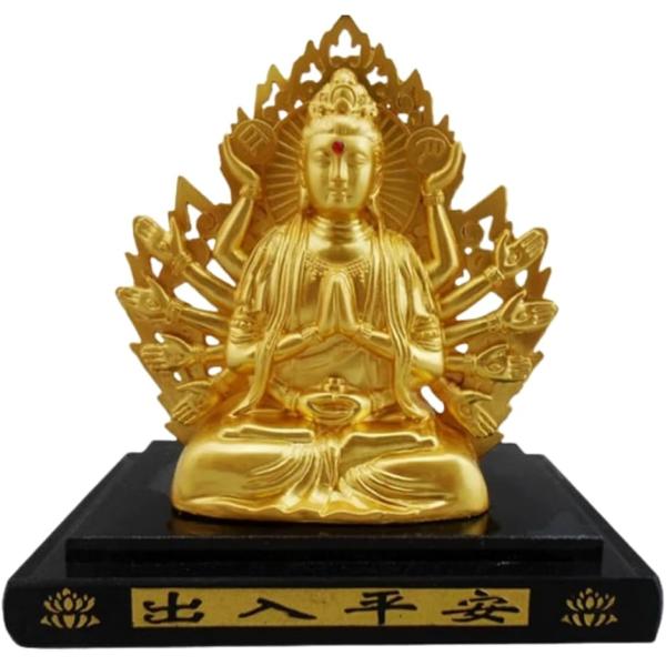 仏像 千手観音 観音菩薩 合金 黄金 黒水晶 仏壇 置物 幸運 長寿 出入平安 縁起物 魔除け (ゴールド,  9.5x9.4x6.3)