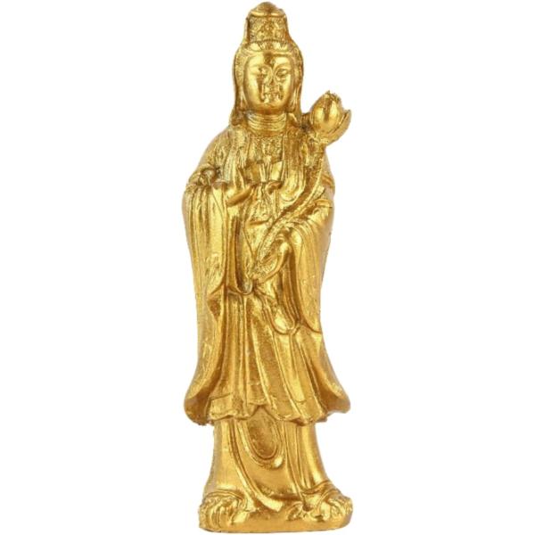 ミニ仏像 観音像 観世音菩薩像 天然樹脂 黄金 高さ9.5cm 守り本尊 祈る 厄除け (ゴールド,  9.5x2.6x2.3)