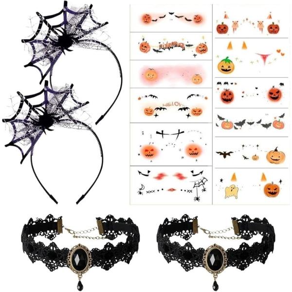 ハロウィンお揃い5点セット仮装 コスプレ カチューシャ レースチョーカー タトゥーシール フェイスシール ボディーシール (蜘蛛の巣)