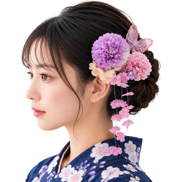 日本企業浴衣用髪飾り 5点セット レディース 簡単着脱 蝶 花 夏祭り 成人式 卒業式 着物 ピンク ブルー 和装 かんざし MDM (パープル)