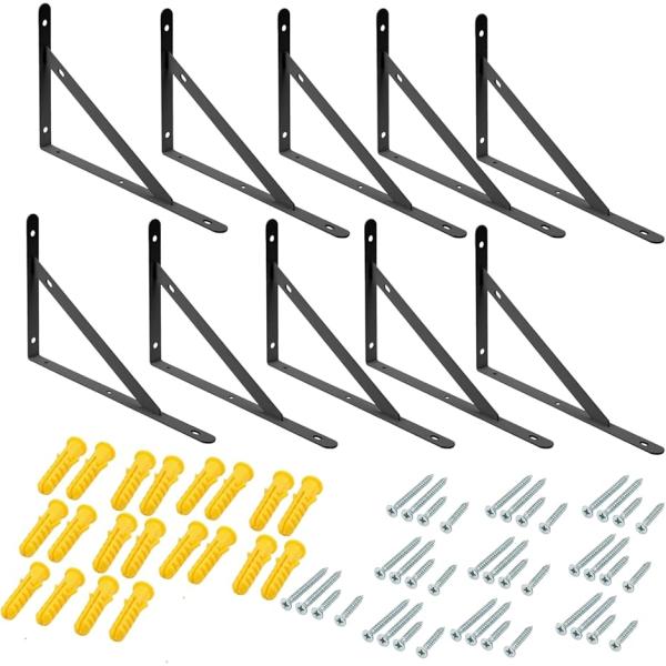 棚受け金具 L字型 アイアンブラケット 鉄 壁掛け 壁収納 棚補強 DIY ネジ付き (ブラック10本セット,  250x155mm)