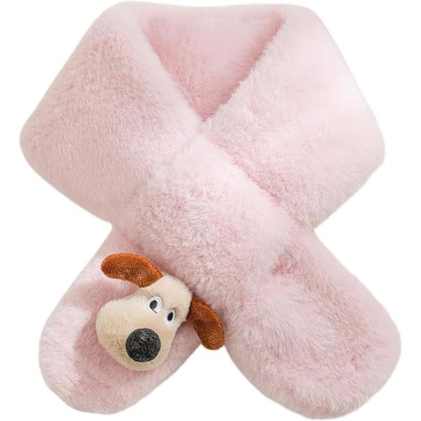 ティペット レディース 秋冬 フェイクファー マフラー 防寒 ふわふわ かわいい あったか スヌード ネックウォーマー 犬 (ピンク)