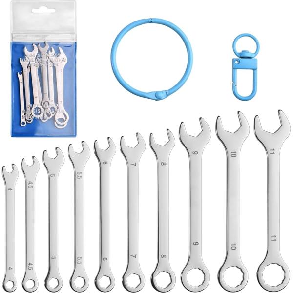 超薄型 ミニスパナセット 10本組 4-11mm 片目片口スパナ コンビセット めがねレンチ 締付け 工具 (シルバー,  4-11mm)