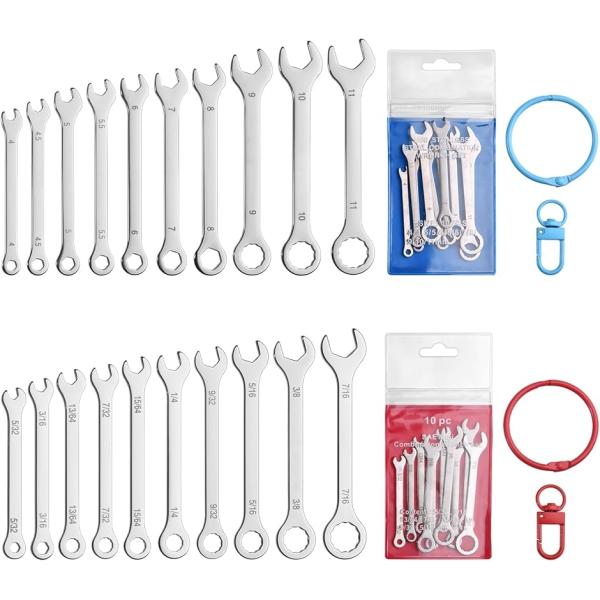 超薄型 ミニスパナセット 20本組 片目片口スパナ 4-11mm 5/32-7/16 (シルバー,  4-11mm＆5/32-7/16)