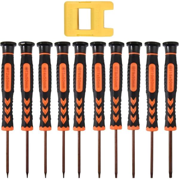 10本セット マイクロドライバーセット トルクスドライバー T2-T15 マグネット着脱式 加減磁器付き S2合金鋼製 (ブラック)