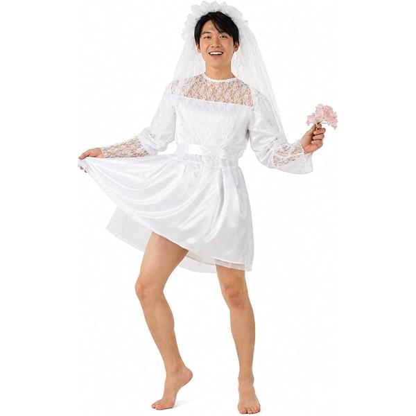 ウェディングドレス コスプレ 男性 メンズ 男性用 花嫁衣装 3点セット 女装 ハロウィン 宴会 余興 MDM (ホワイト)