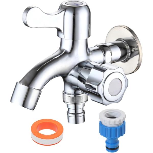 散水用 二口横水栓 呼び13 ワンタッチ接続 ホース 屋外水栓 水道 蛇口 二股 分岐水栓 庭 花壇 亜鉛合金(シルバー)