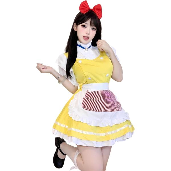 メイド服 コスプレ 衣装 黄色 フルセット エプロン リボン 鈴 カチューシャ付き 仮装 ハロウィン 可愛い (イエロー, M)