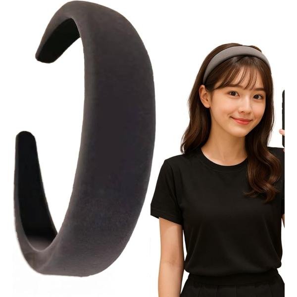 韓国風幅広カチューシャ 太め カジュアル ベロア ヘアバンド 無地 痛くなりにくい フリーサイズ (グレー,  幅 約3cm)