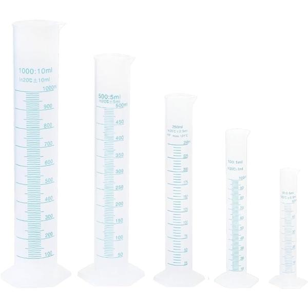 「5本セット」50・100・250・500・1000mlの5本構成。少量の試薬調製から大容量の希釈まで幅広く対応でき、置き換えや追加購入の手間を抑えます。教育現場から研究・家庭用途まで柔軟に運用できる基本セットです。「読み取り明快」透明成形...
