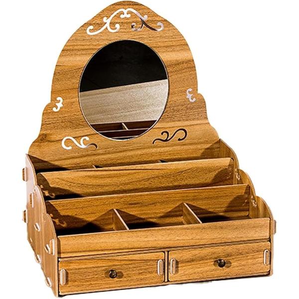 鏡付きコスメ収納チェストです。板厚3mmの耐摩耗性のある丈夫な木製ボード。組み合わせてゴムリングで止めるだけの組立式。連結部に劣化防止のゴムリングを取り付けて固定、補強しています。落ち着いたアンティーク調のデザインに丸みのあるフォルム、アク...