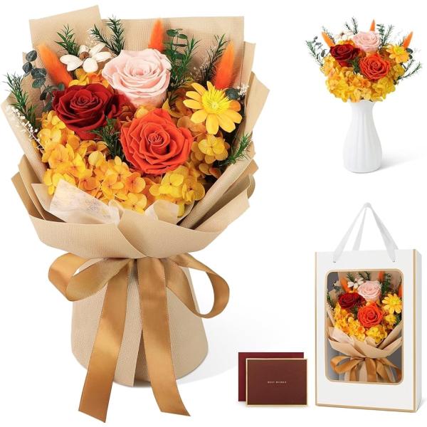 プリザーブドフラワー 枯れない花 花束 薔薇 香りあり 花瓶付き 誕生日 記念日 バレンタイン 卒業式 ホワイトデー(オレンジイエロー)