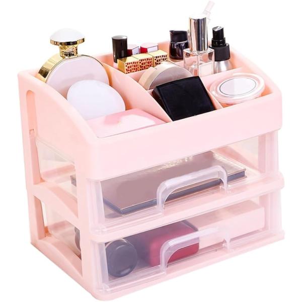 淡カラーの化粧品2段透明収納窓チェストボックスです。スキンケア製品、口紅、マニキュア、アイライナー、ネイルカラー、メイクブラシ、チーク、アイブロウ、スティックファンデーション、美容グッズ、ネックレスや指輪など、その他いろいろな小物、コスメ用...