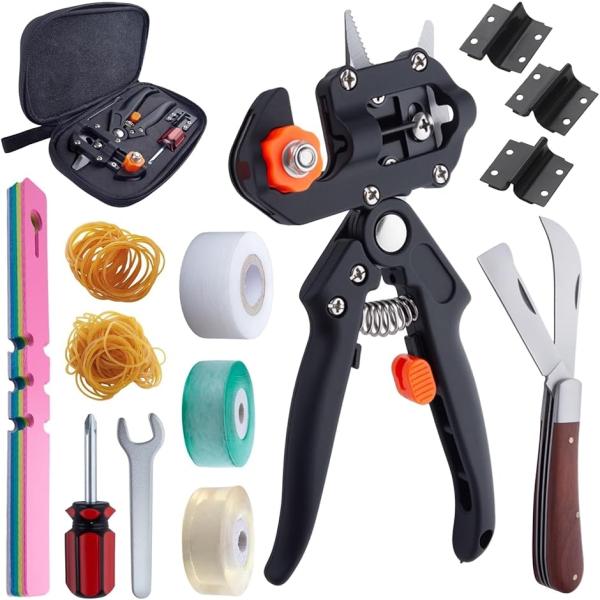 セット内容：接木・剪定用2in1ツール、交換用ブレード3枚、両刃接木ナイフ、ドライバー、スパナ、接木用フィルム3枚、細い輪ゴム100本、太い輪ゴム30本、カラフルなラベルカード50枚両刃接木用ナイフ：刃は4CR14鋼製で、耐久性があり、変形...