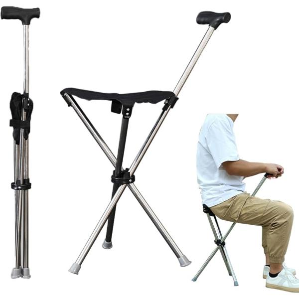 ステッキ チェア 折りたたみ 椅子 杖 耐荷重120kg 2way 軽量 高齢者 介護 登山 散歩 (シルバー(T字グリップ),  大型)