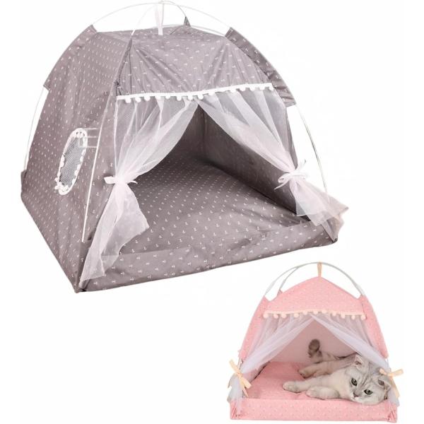 ペットテント 猫 犬 ペットハウス ペットベッド ドーム型 折りたたみ 組み立て簡単 通気性 可愛い お姫様風 (グレー,  L)