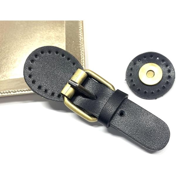 バッグの材料 留め具 ジョイントパーツ 本革 ハンドメイド リメイク レザークラフト バッグ制作 マグネットボタン付き(ブラック)