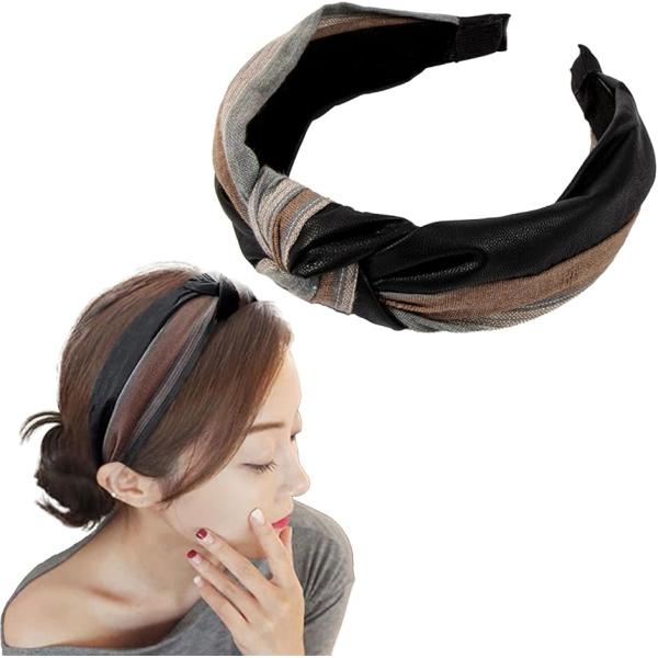 カチューシャ 韓国風 幅広バイカラーヘアバンド 綿麻xPUレザー素材 ツイストデザイン おしゃれヘアアクセサリー (マルチ,  中型以上)