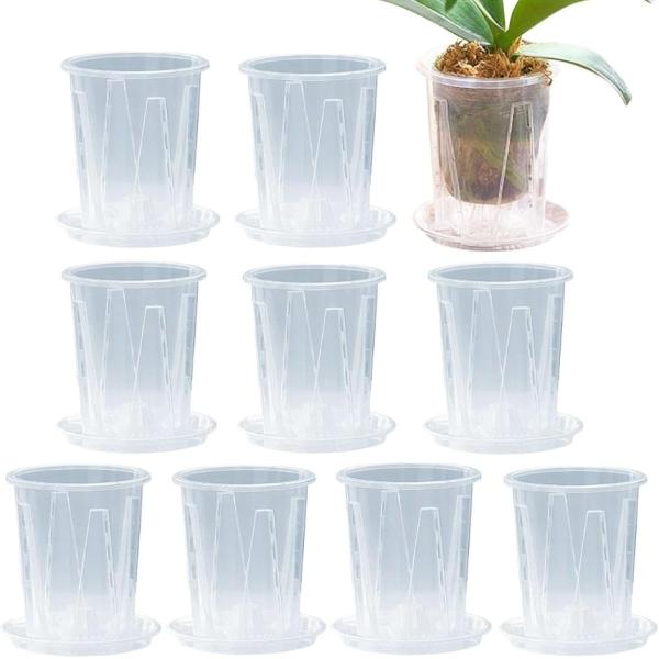 植木鉢 透明 底皿付き スリット鉢 観葉植物 プラスチック プラ鉢 (クリア, 10cm 10個セット)