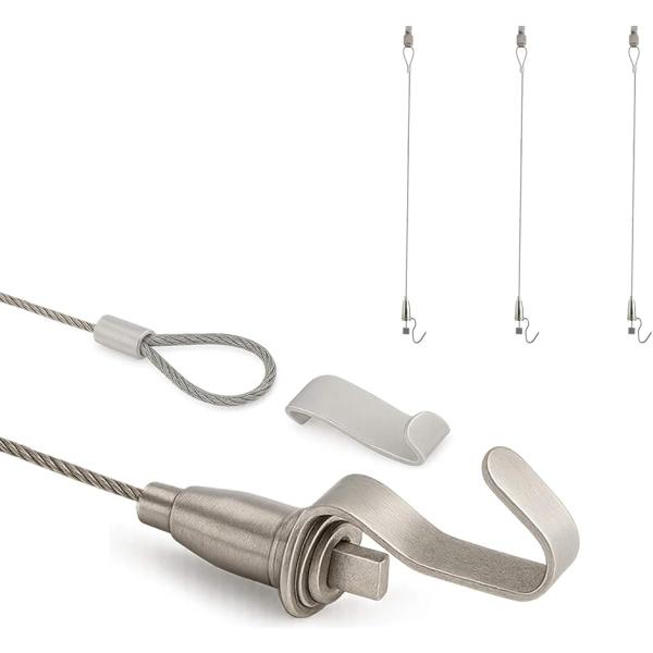 バリエーションコード : 2BU18CI6O1「製品概要」 絵画やハンドメイド作品の展示に欠かせないフック付きのワイヤーです。ピクチャーレールなどに額縁や絵画を簡単に吊り下げることができます。