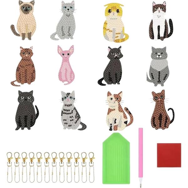 ダイヤモンドアート ビーズアート キーホルダー キット DIY 初心者 5Dダイヤモンド (猫2,  12個入)